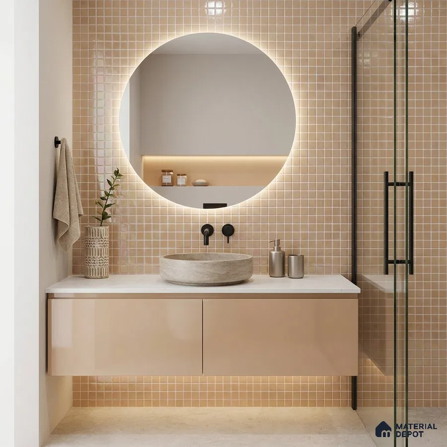 Modern Bathroom with Pearl Peach Iridescent Glass Mosaic Tile and Round Mirror