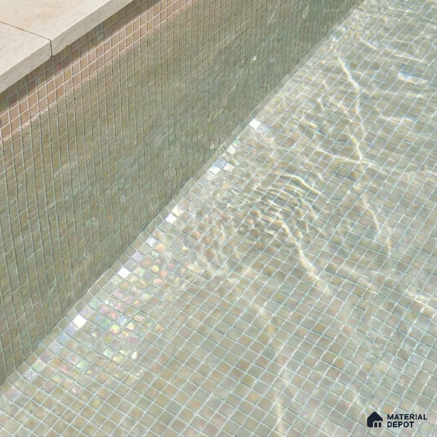 Modern Swimming Pool with Pearl Sand Iridescent Glass Mosaic Tile and Stone Coping
