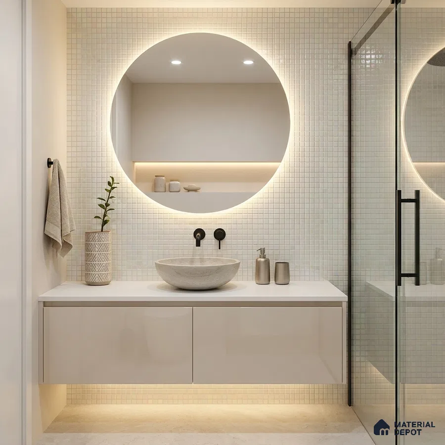Modern Bathroom with Pearl White Iridescent Glass Mosaic Tile and Round Mirror
