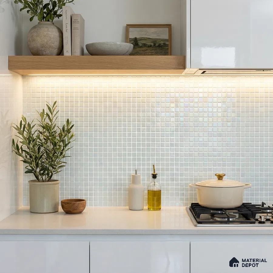 Modern Kitchen with Pearl White Iridescent Glass Mosaic Backsplash Tile