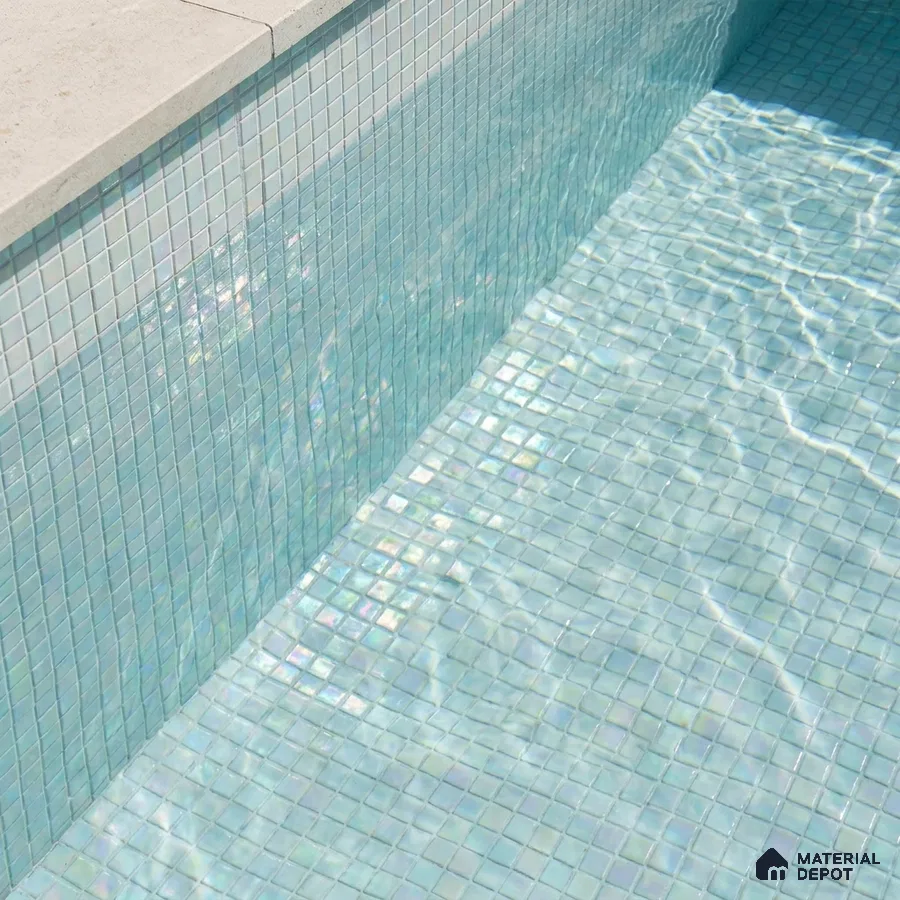 Modern Swimming Pool with Pearl Mint Iridescent Glass Mosaic Tile and Stone Coping