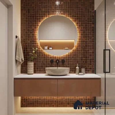 Modern Bathroom with Copper Brown Metallic Glass Mosaic Tile and Round Mirror
