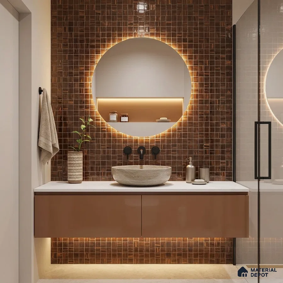 Modern Bathroom with Copper Brown Metallic Glass Mosaic Tile and Round Mirror