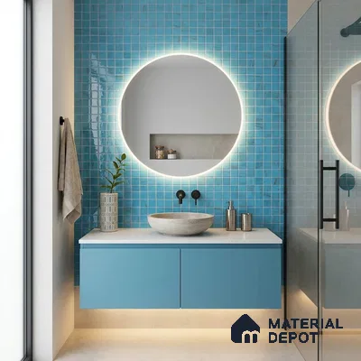 Modern Bathroom with Turquoise Blue Metallic Glass Mosaic Tile and Round Backlit Mirror