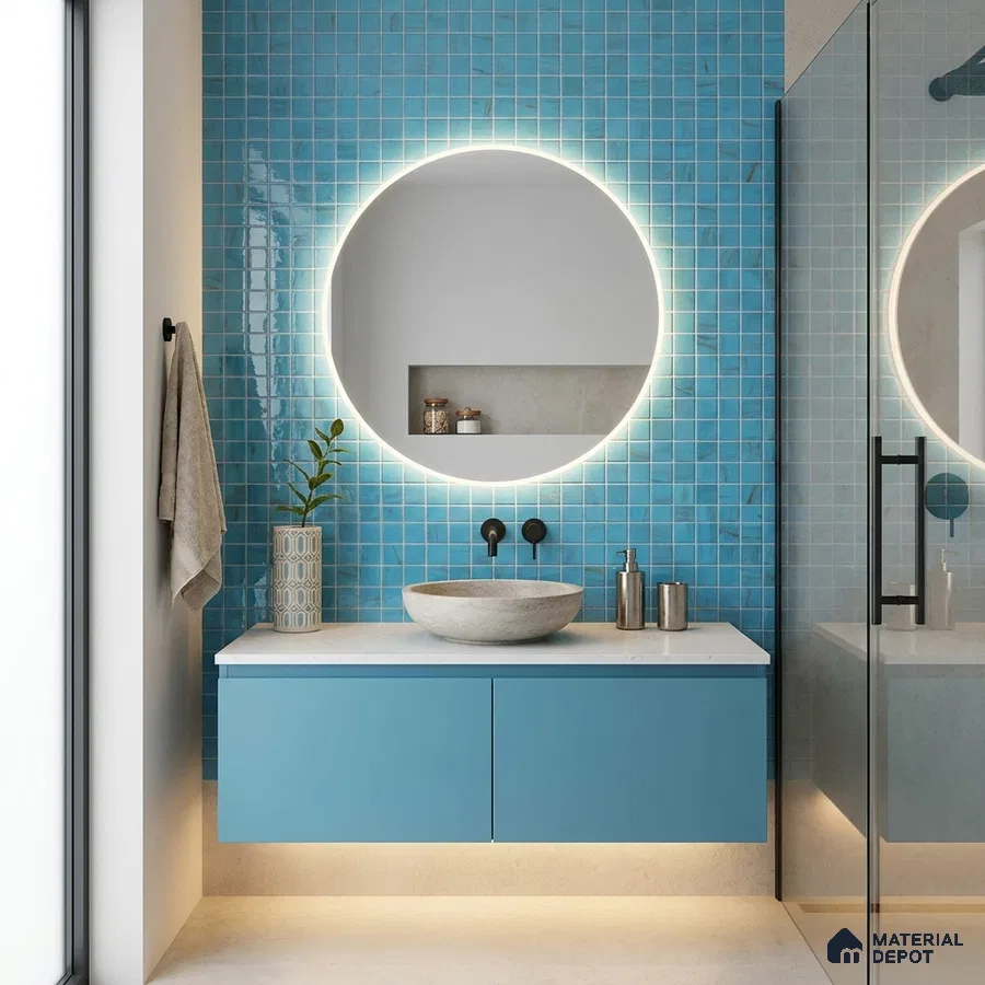 Modern Bathroom with Turquoise Blue Metallic Glass Mosaic Tile and Round Backlit Mirror