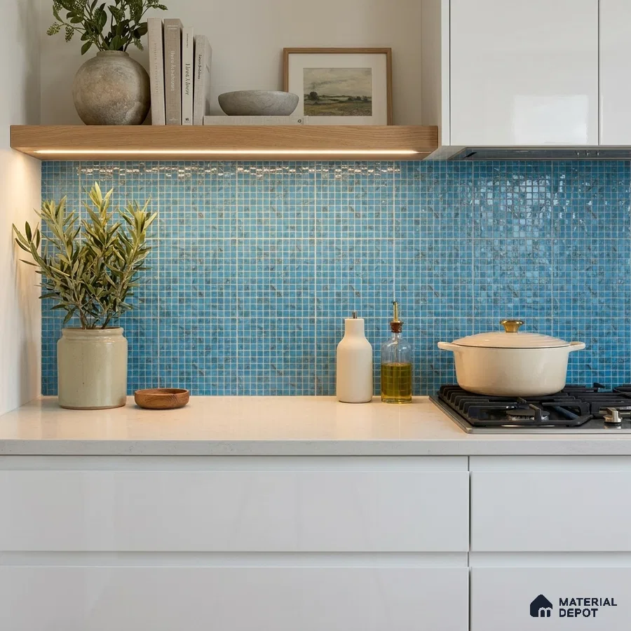 Modern Kitchen with Turquoise Blue Metallic Glass Mosaic Backsplash Tile