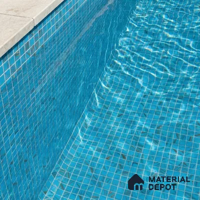 Modern Swimming Pool with Turquoise Blue Metallic Glass Mosaic Tile and Stone Coping