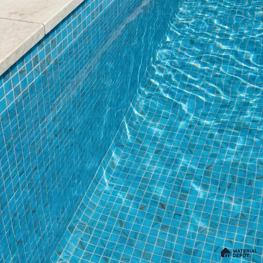 Modern Swimming Pool with Turquoise Blue Metallic Glass Mosaic Tile and Stone Coping