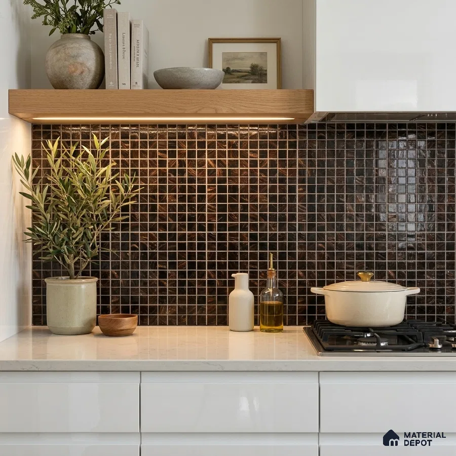 Modern Kitchen with Bronze Copper Glass Mosaic Backsplash Tile and Cream Quartz Counter