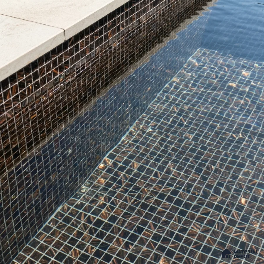 Modern Swimming Pool with Bronze Copper Glass Mosaic Tile and Stone Coping