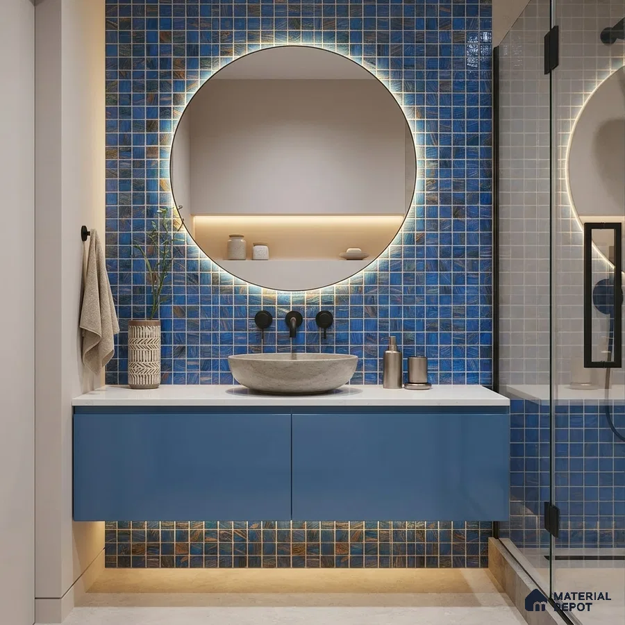 Modern Bathroom with Cobalt Blue Glass Mosaic Tile and Round Backlit Mirror