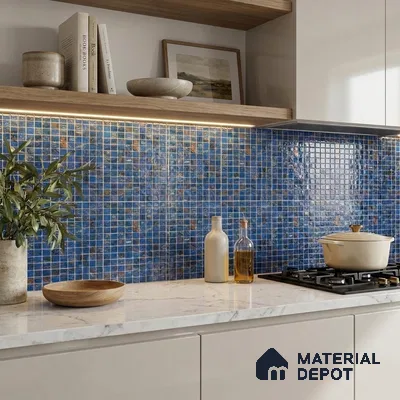 Modern Kitchen with Cobalt Blue Glass Mosaic Backsplash Tile and Marble Counter