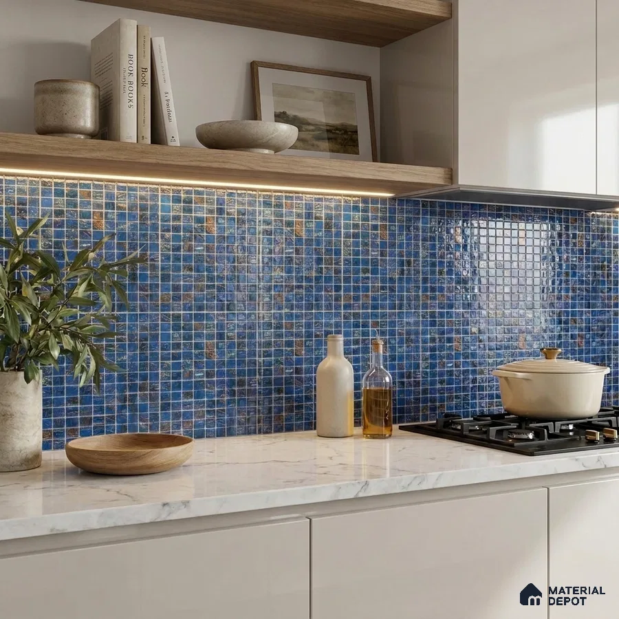 Modern Kitchen with Cobalt Blue Glass Mosaic Backsplash Tile and Marble Counter