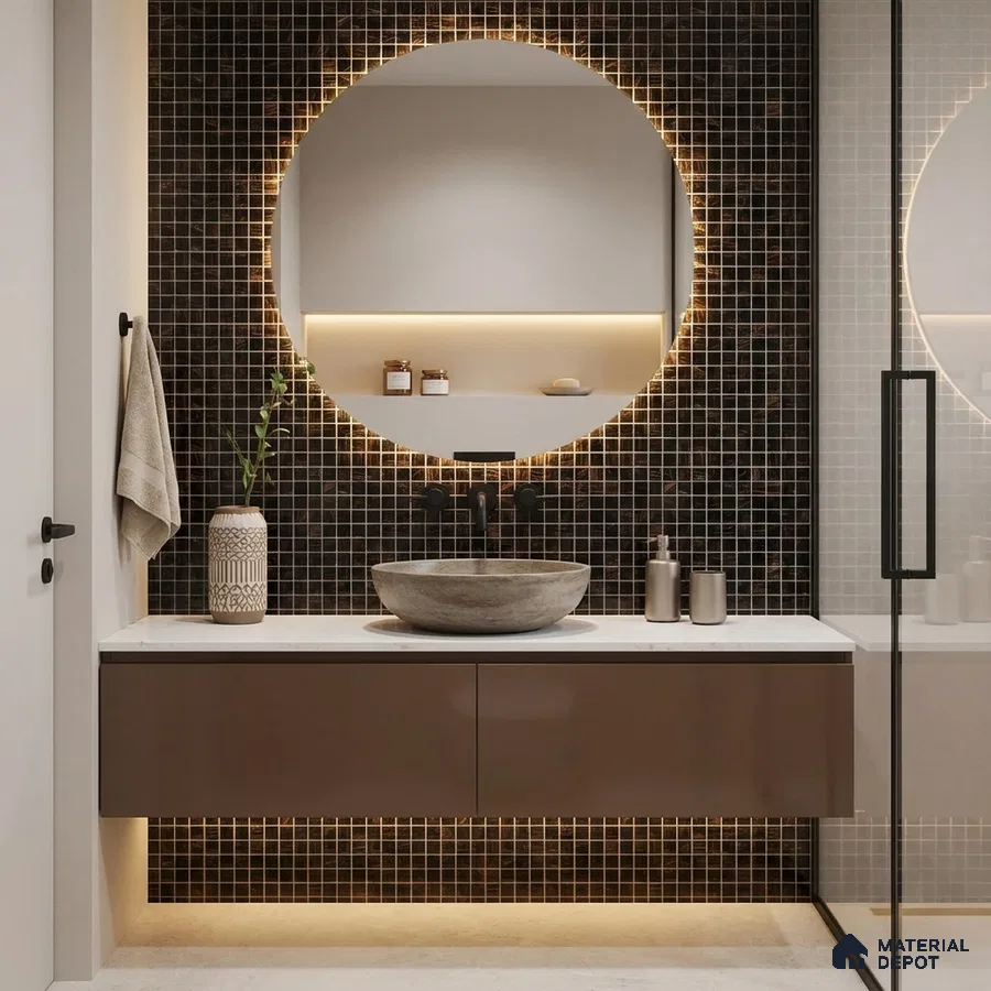 Modern Bathroom with Dark Bronze Glass Mosaic Tile and Round Backlit Mirror