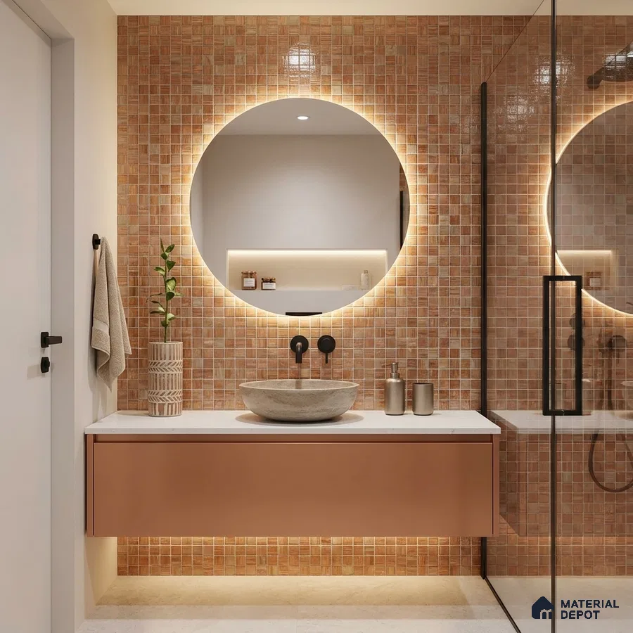 Modern Bathroom with Terracotta Copper Glass Mosaic Tile and Round Backlit Mirror