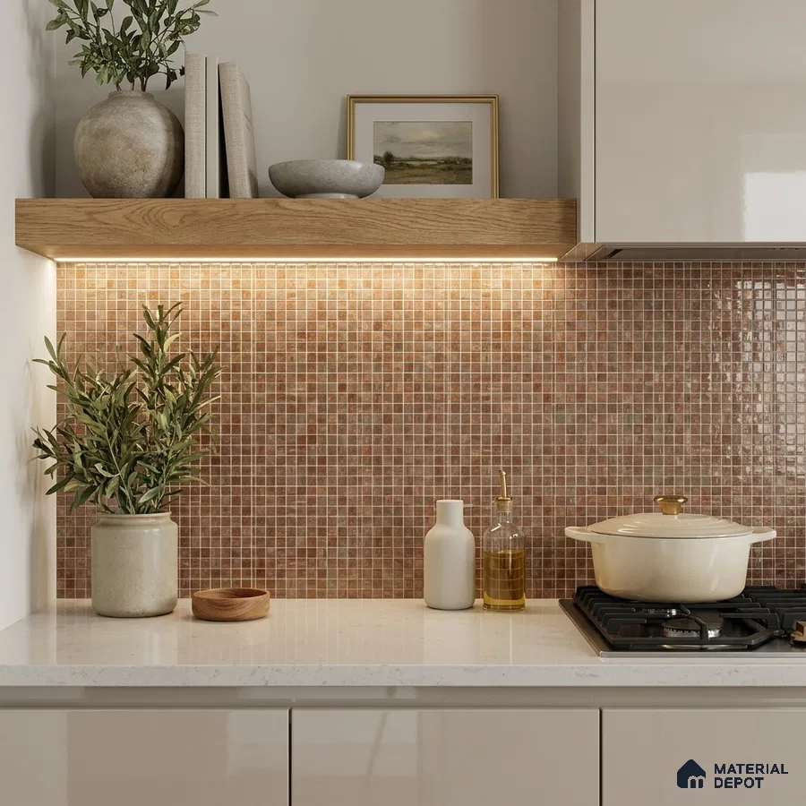 Modern Kitchen with Terracotta Copper Glass Mosaic Backsplash Tile and Quartz Counter