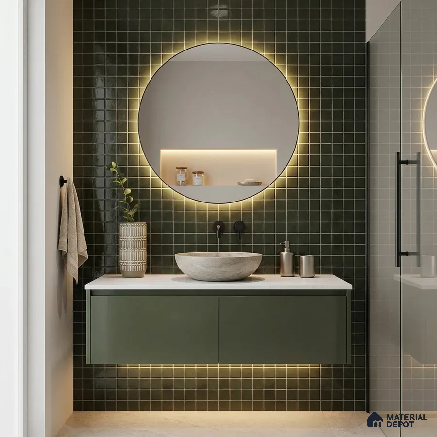 Modern Bathroom with Olive Green Glass Mosaic Tile and Round Backlit Mirror