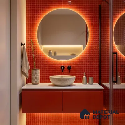 Modern Bathroom with Olive Green Glass Mosaic Tile and Round Backlit Mirror