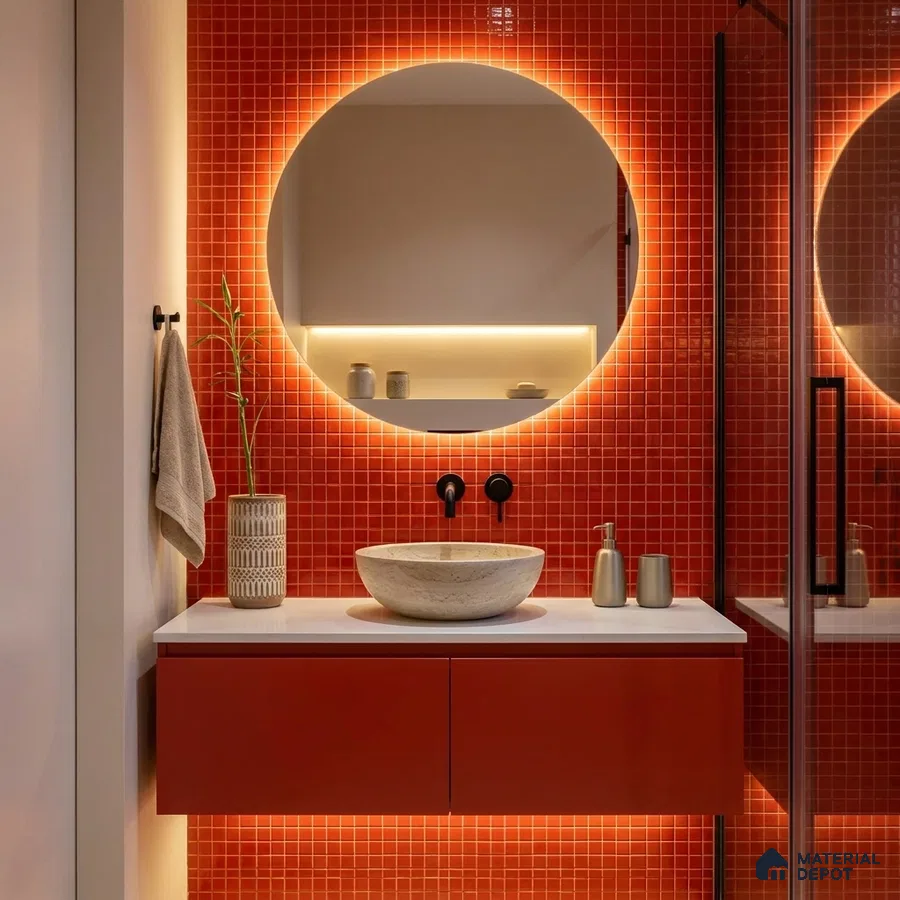 Modern Bathroom with Olive Green Glass Mosaic Tile and Round Backlit Mirror