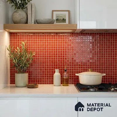 Modern Kitchen with Tomato Red Glass Mosaic Backsplash Tile and Quartz Counter
