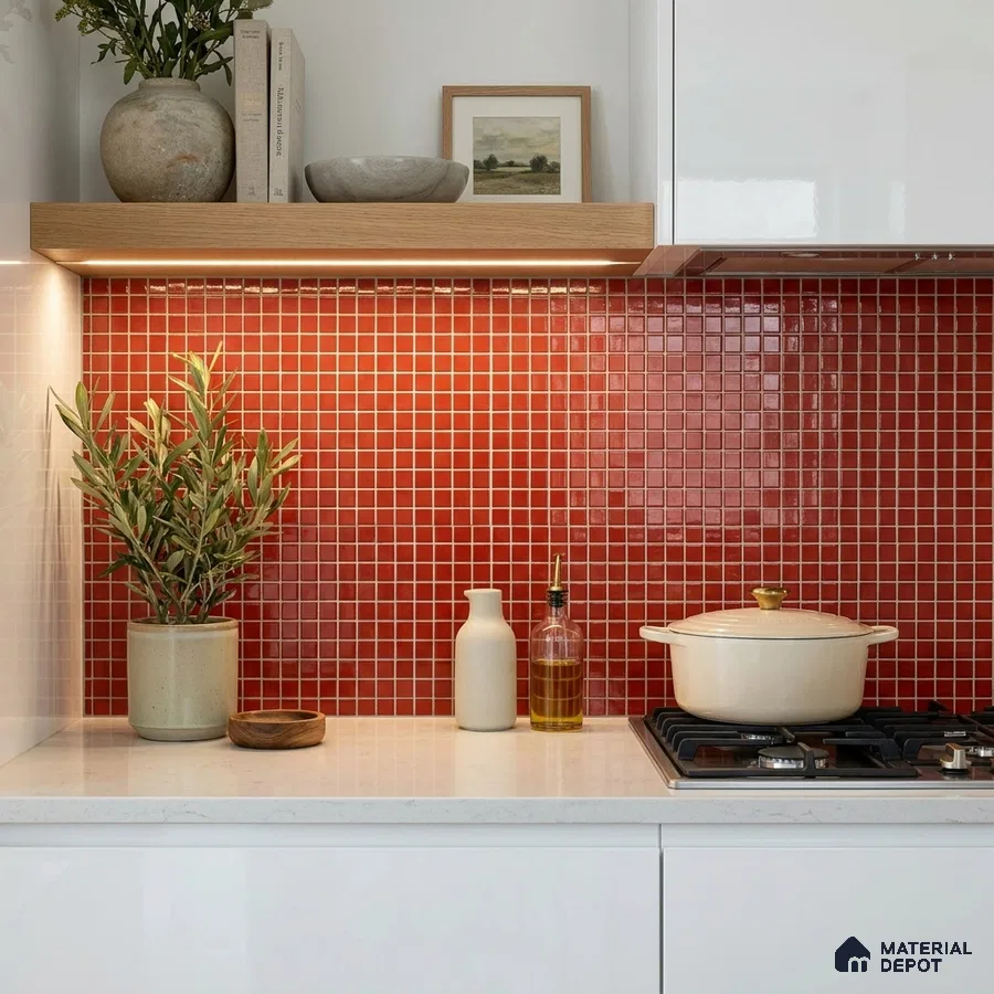 Modern Kitchen with Tomato Red Glass Mosaic Backsplash Tile and Quartz Counter