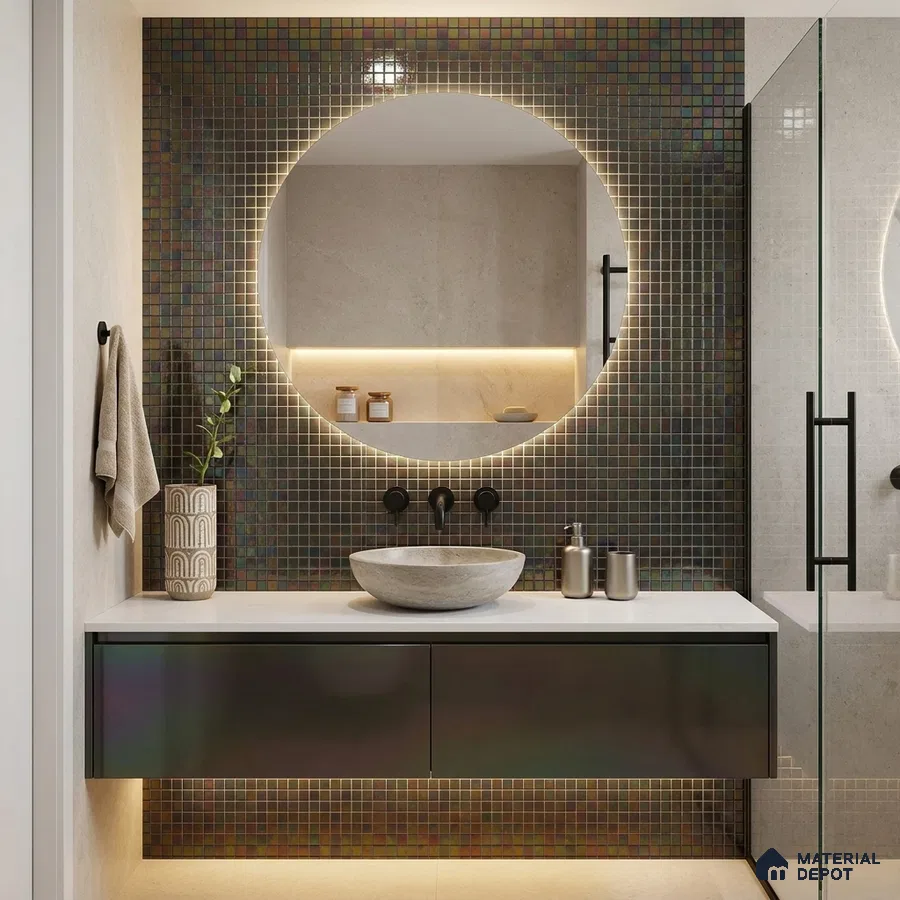 Modern Bathroom with Iridescent Dark Glass Mosaic Tile and Round Backlit Mirror