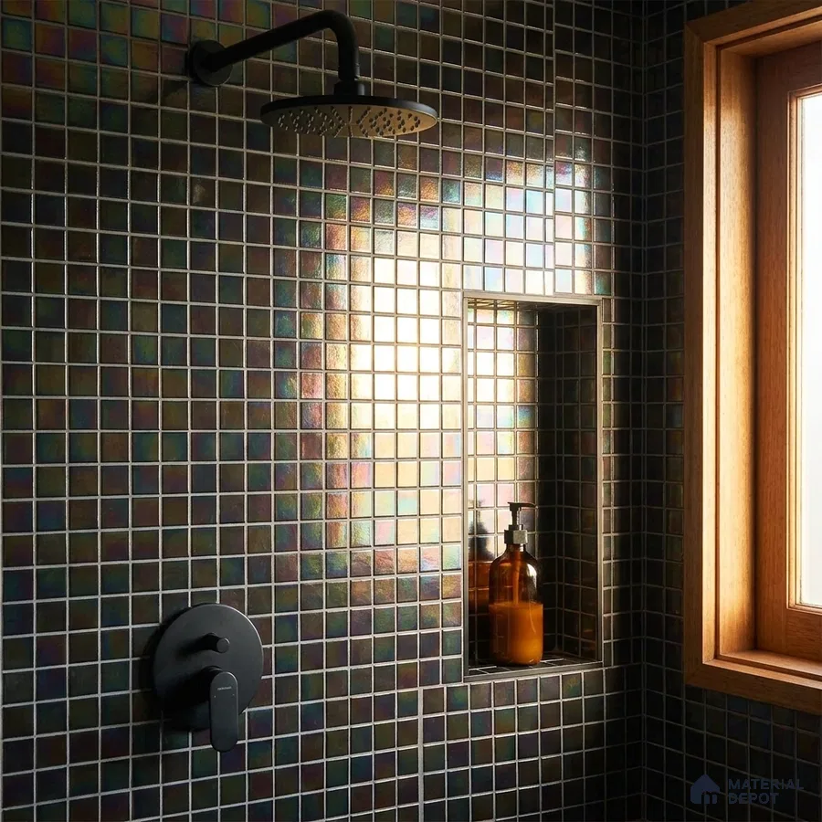 Modern Shower Area with Iridescent Dark Glass Mosaic Tile and Black Fixtures