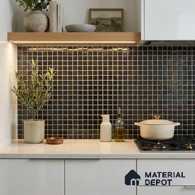 Modern Kitchen with Iridescent Dark Glass Mosaic Backsplash Tile and Quartz Counter