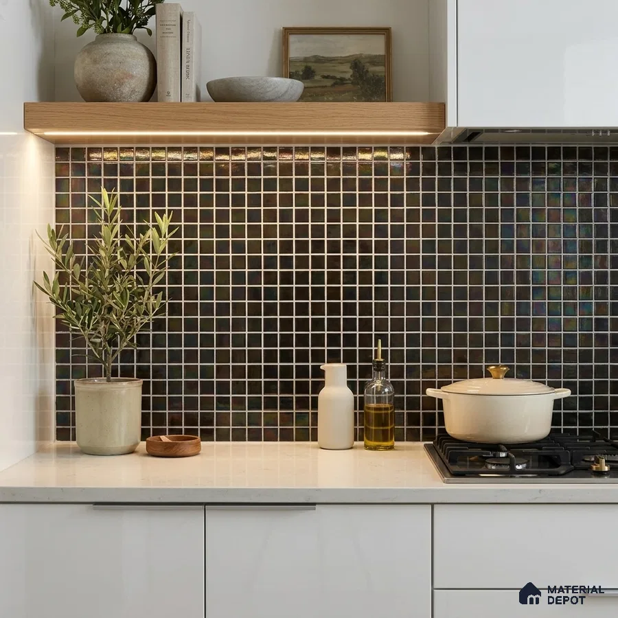 Modern Kitchen with Iridescent Dark Glass Mosaic Backsplash Tile and Quartz Counter