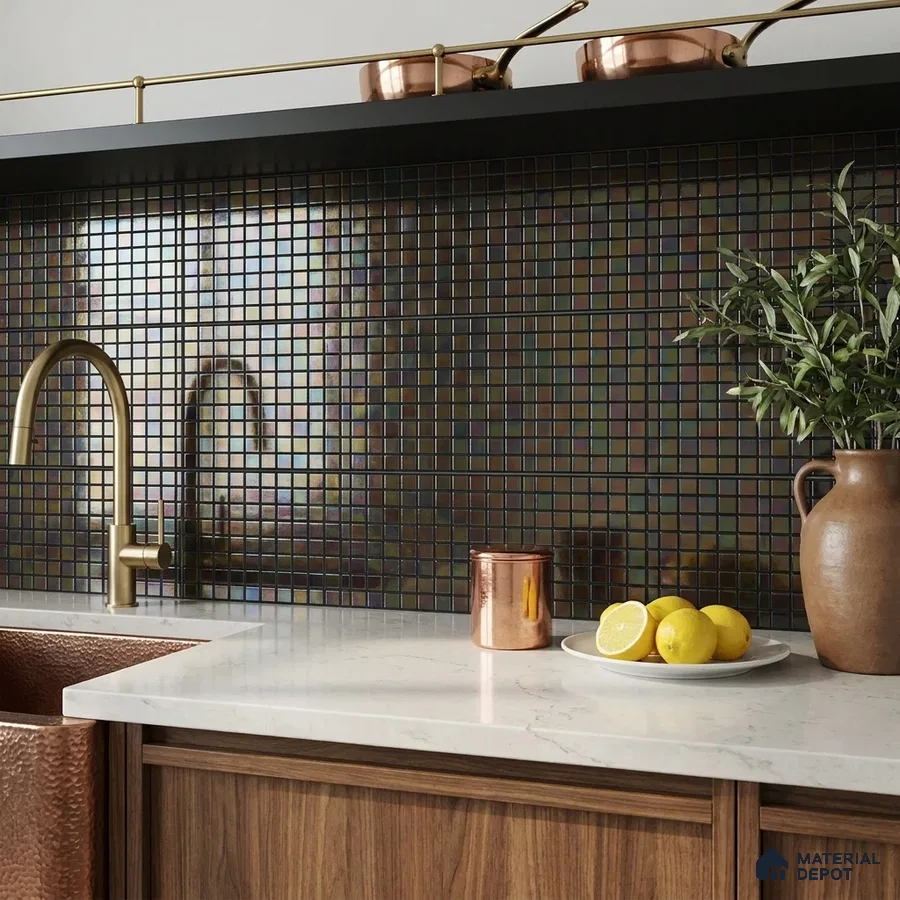 Modern Kitchen with Iridescent Dark Glass Mosaic Backsplash Tile and Walnut Cabinets