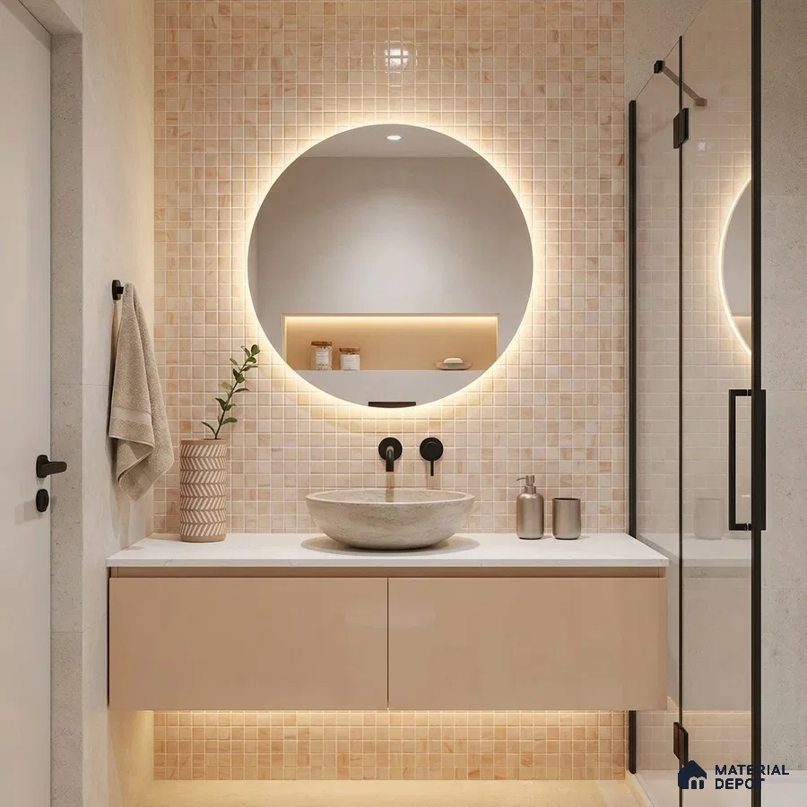 Modern Bathroom with Blush Peach Glass Mosaic Tile and Round Backlit Mirror