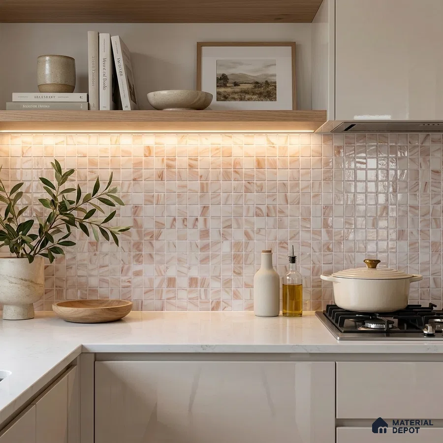 Modern Kitchen with Pearly Cream Glass Mosaic Backsplash Tile and White Quartz Countertop
