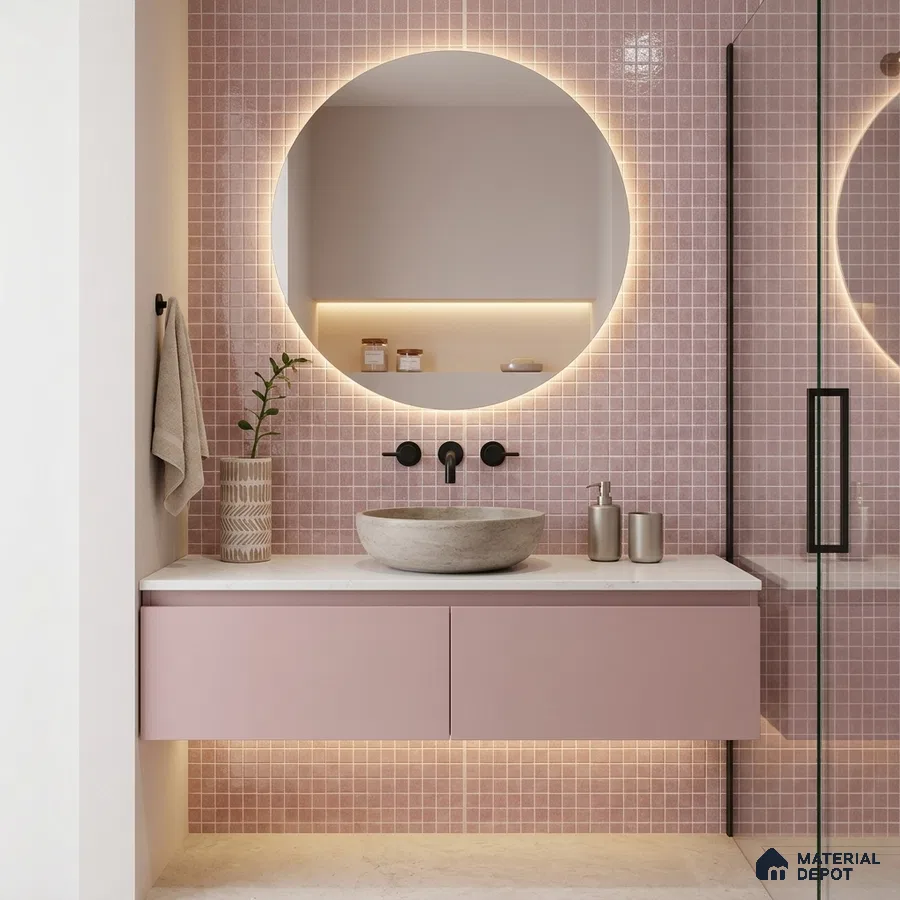 Modern Bathroom with Dusty Rose Pink Glass Mosaic Tile and Round Backlit Mirror