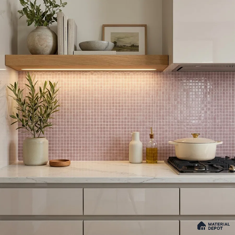 Modern Kitchen with Dusty Rose Pink Glass Mosaic Backsplash Tile and White Quartz Countertop