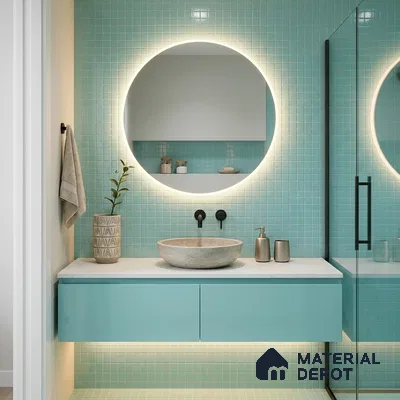 Modern Bathroom with Aqua Teal Glass Mosaic Tile and Round Backlit Mirror