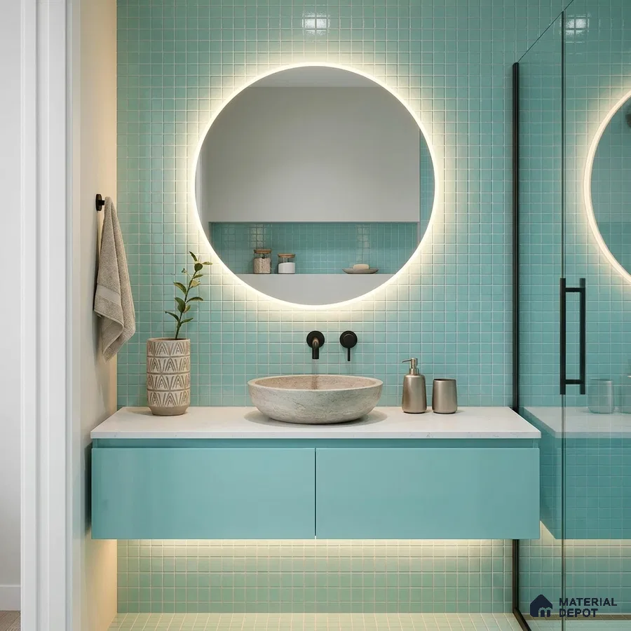 Modern Bathroom with Aqua Teal Glass Mosaic Tile and Round Backlit Mirror