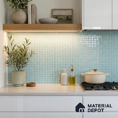 Modern Kitchen with Soft Aqua Glass Mosaic Backsplash Tile and White Quartz Countertop