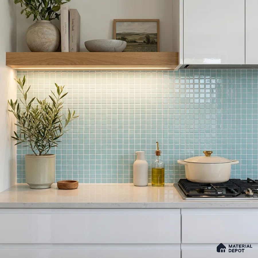 Modern Kitchen with Soft Aqua Glass Mosaic Backsplash Tile and White Quartz Countertop