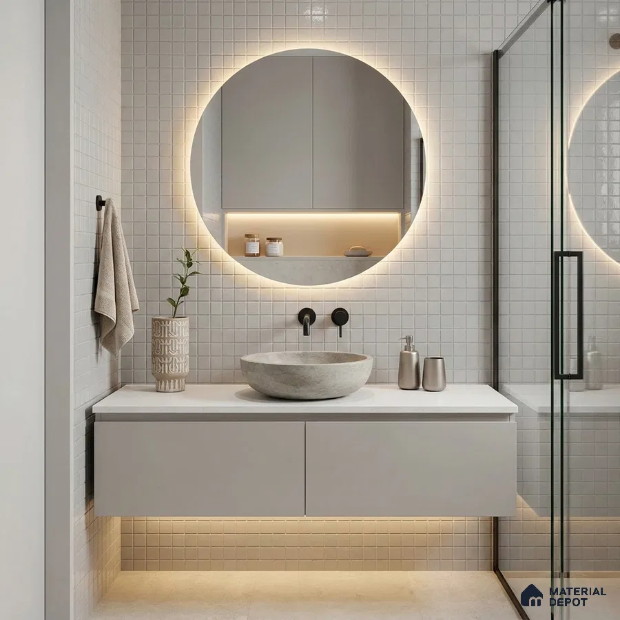 Modern Bathroom with Frosty White Glass Mosaic Tile and Round Backlit Mirror