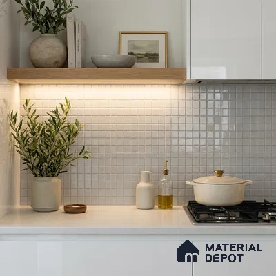 Modern Kitchen with Frosty White Glass Mosaic Backsplash Tile and White Quartz Countertop
