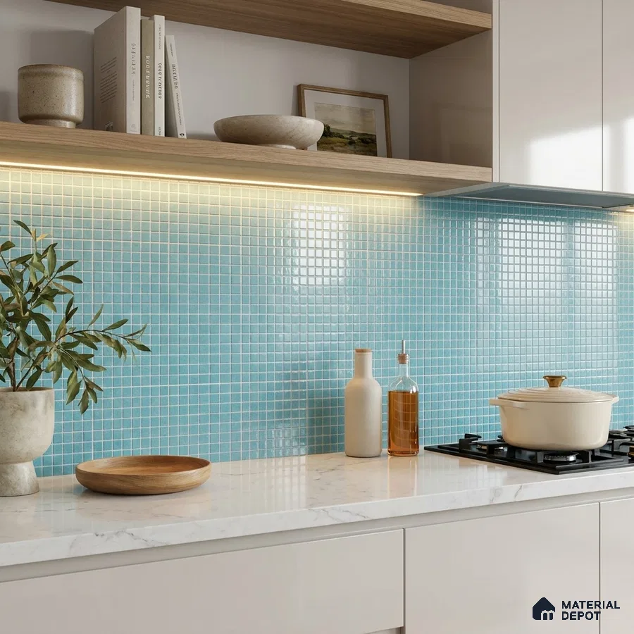 Modern Kitchen with Sky Blue Glass Mosaic Backsplash Tile and Marble-Look Countertop