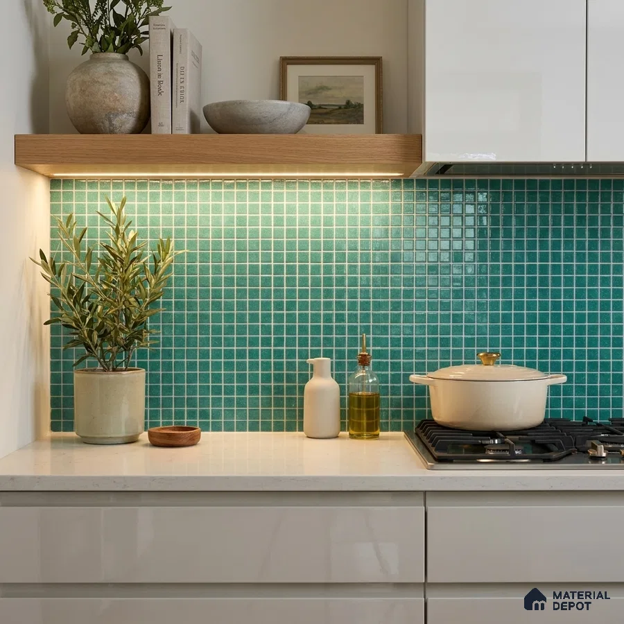 Modern Kitchen with Emerald Green Glass Mosaic Backsplash Tile and White Quartz Countertop