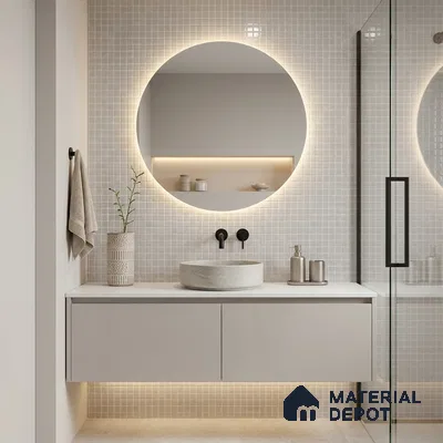 Modern Bathroom with Pearl White Glass Mosaic Tile and Round Backlit Mirror