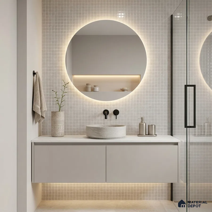 Modern Bathroom with Pearl White Glass Mosaic Tile and Round Backlit Mirror