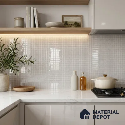 Modern Kitchen with Pearl White Glass Mosaic Backsplash Tile and Marble-Look Countertop