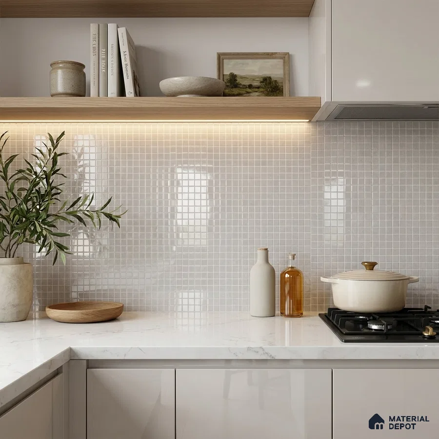 Modern Kitchen with Pearl White Glass Mosaic Backsplash Tile and Marble-Look Countertop