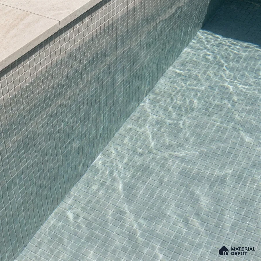 Modern Swimming Pool with Sage Grey Glass Mosaic Tile and Stone Coping