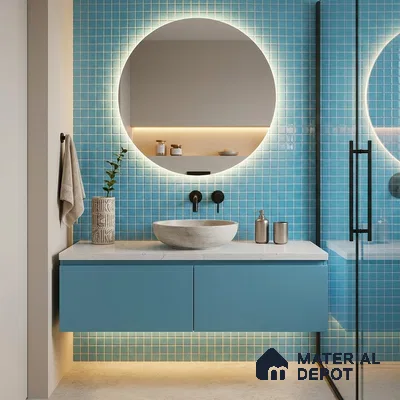 Modern Bathroom with Azure Blue Glass Mosaic Tile and Round Backlit Mirror