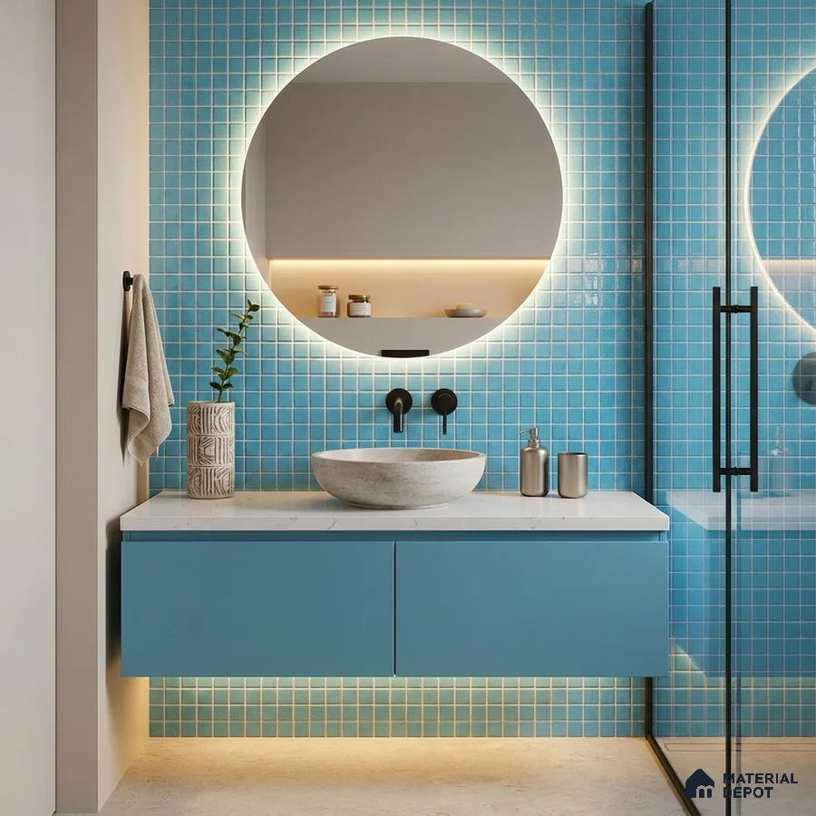 Modern Bathroom with Azure Blue Glass Mosaic Tile and Round Backlit Mirror