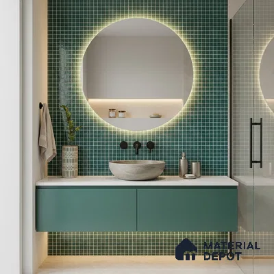 Modern Bathroom with Emerald Green Glass Mosaic Tile and Round Backlit Mirror